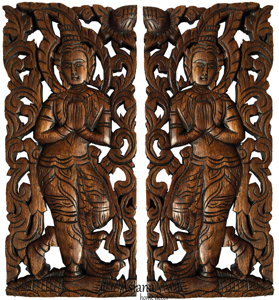Welcome Sign Thai Sawaddee Carved Wood Wall Art.  Size 17.5”x7.5”x1" Each, Set of 2 pcs.