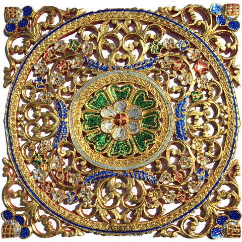 Mosaic Wall Art. Medallion Gold Carved Wood Wall Plaque Asian Home Decor 24"
