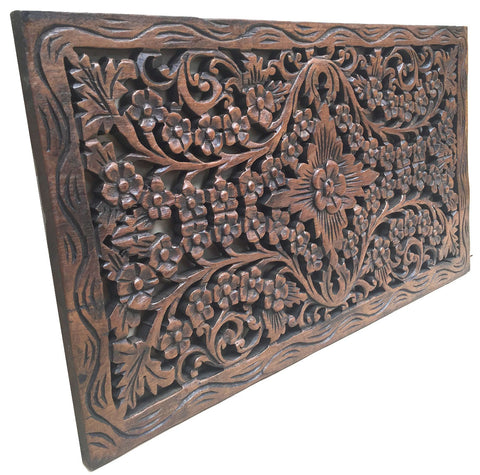 Wood Carved Panel. Decorative Thai Wall Relief Panel Sculpture.Teak Wood Wall Hanging in Dark Brown Finish Size 24"x13.5"x0.5"